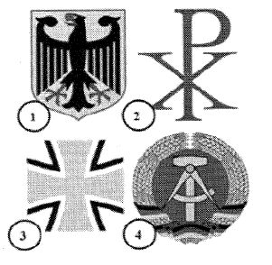 Abbildung zu Frage g021: „Welches ist das Wappen der Bundesrepublik Deutschland?“ — die nummerierten Bildfelder entsprechen den Antwortmöglichkeiten 1 bis 4.