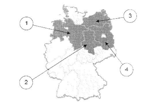 Abbildung zu Frage bb08: „Welches Bundesland ist Brandenburg?“ — die nummerierten Bildfelder entsprechen den Antwortmöglichkeiten 1 bis 4.