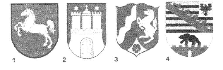 Abbildung zu Frage hh01: „Welches Wappen gehört zur Freien und Hansestadt Hamburg?“ — die nummerierten Bildfelder entsprechen den Antwortmöglichkeiten 1 bis 4.