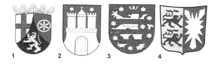 Abbildung zu Frage rp01: „Welches Wappen gehört zum Bundesland Rheinland-Pfalz?“ — die nummerierten Bildfelder entsprechen den Antwortmöglichkeiten 1 bis 4.
