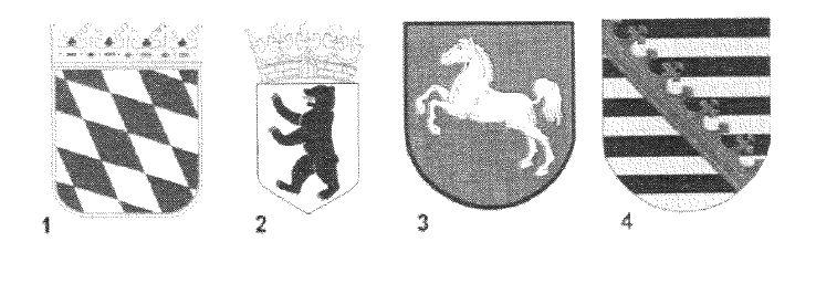 Abbildung zu Frage sn01: „Welches Wappen gehört zum Freistaat Sachsen?“ — die nummerierten Bildfelder entsprechen den Antwortmöglichkeiten 1 bis 4.